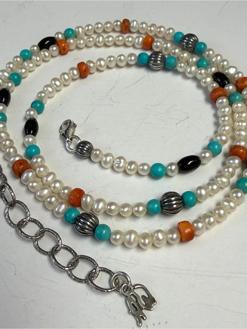 Vintage Carolyn Pollack Sterling Silver Pearl and Multi Stone Necklace - Picture 2 of 10